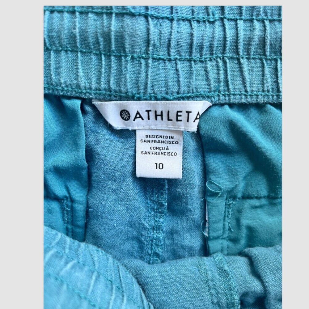 Athleta Retreat 100% Linen Wide Leg Pants Size 10 Teal Zip Pocket Boho Casual - Picture 2 of 8